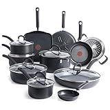 T-Fal Ultimate Hard Anodized Nonstick Cookware Set 17 Piece, Nonstick Pots and Pans Set with Fry Pan, Saucepans, Saute-Pan, Griddle, Dishwasher Safe, Black