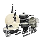 GreenLife 16 Piece Nonstick Cookware Set, Soft Grip Non-Toxic PFAS-Free Ceramic Pots & Pans, Dishwasher & Oven Safe, Frying, Sauce, Utensils, Glass Lids, Stay-Cool Handles, Wobble Free, Black & Cream