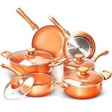 FRUITEAM 10pcs Cookware Set Ceramic Nonstick Soup Pot/Milk Pot/Frying Pans Set | Copper Aluminum Pan with Lid, Induction Gas Compatible, 1 Year Warranty Mothers Day Gifts for Wife…