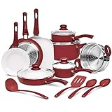 Ivation Ceramic Cookware | 16-Piece Nonstick Cookware Set with Induction Base, SoftGrip Handles & Clear Glass Lids | Compatible with Induction, Ceramic, Gas, Electric & Halogen Cooktops | Red